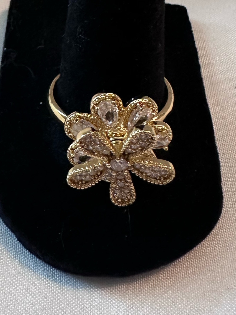 14K Gold Plated CZ Floral Adjustable Spinner Fidget Ring Anxiety Relief